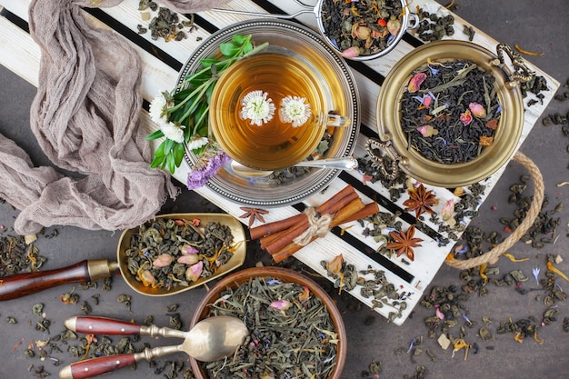 Thé chaud dans une tasse sur un vieux fond