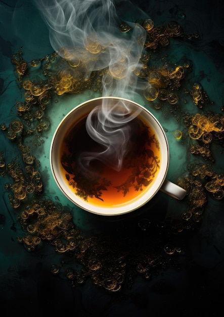 Thé chaud dans une tasse avec vue de dessus de vapeur AI générative