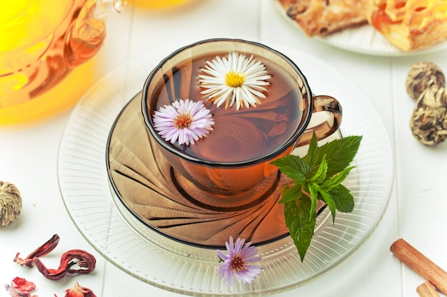 Thé chaud dans une tasse.