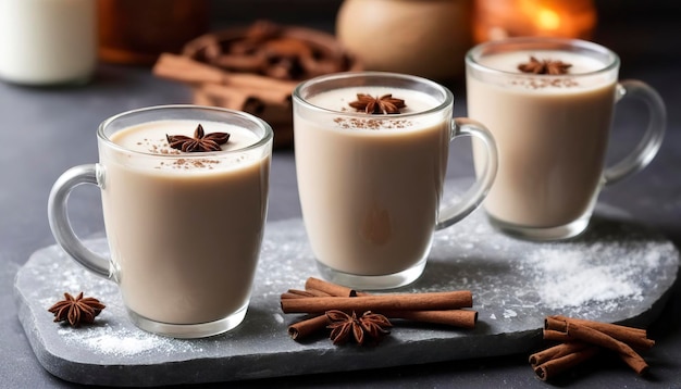 Un thé chaud avec du lait et des épices d'hiver dans des tasses en verre