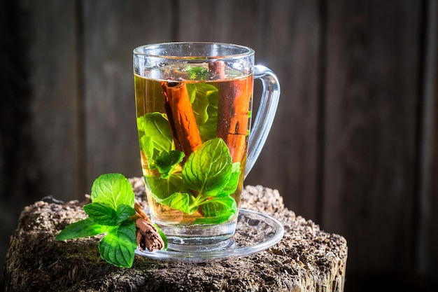 Thé chaud à l'écorce de cannelle et aux feuilles vertes