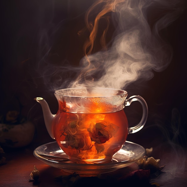 Le thé chaud est cuit à la vapeur dans une théière en verre sur une table rustique IA générative
