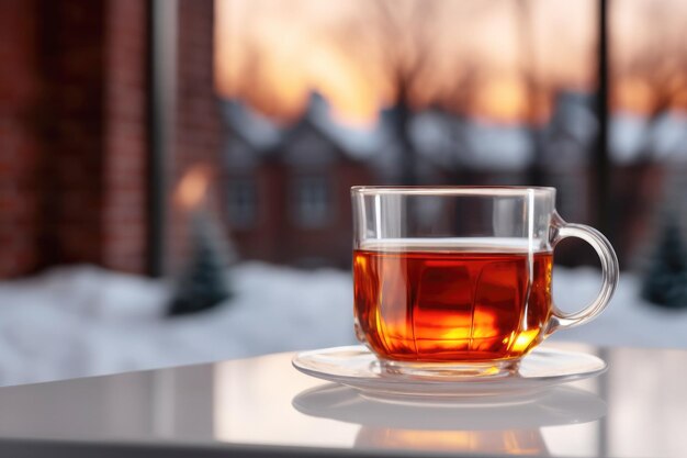 Un thé chaud sur une fenêtre glacée confort d'hiver