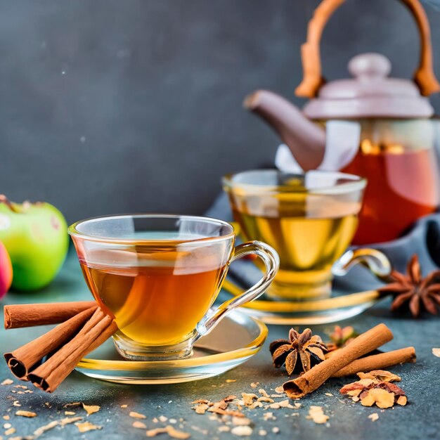 Un thé chaud avec des pommes, de la cannelle, de l'anis étoilé et du miel dans une tasse et une théière sur la table.