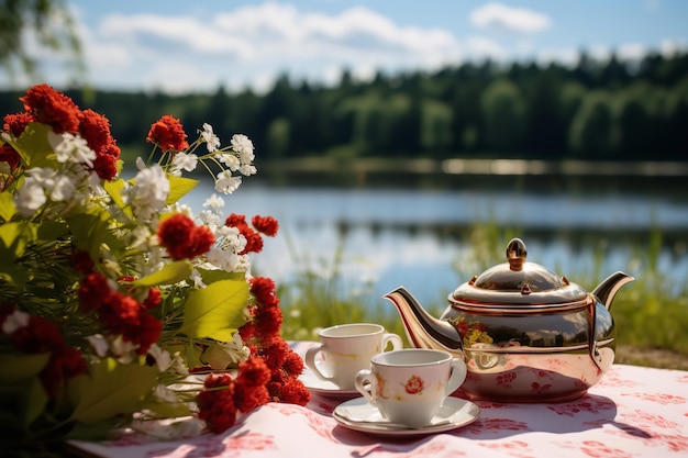 Thé dans la nature, pique-nique avec théière et fond pittoresque