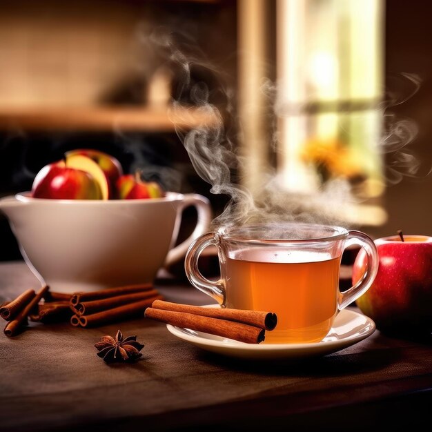 Thé dans une tasse blanche cuite à la vapeur une pomme et des bâtons de cannelle sur la table Confort saison d'automne