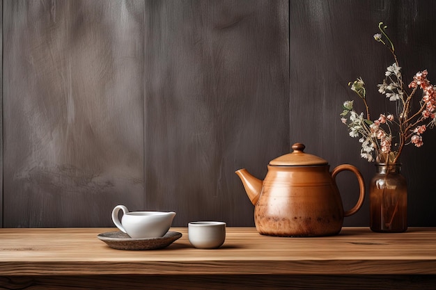 Thé dans une tasse sur une table en bois dans une cuisine