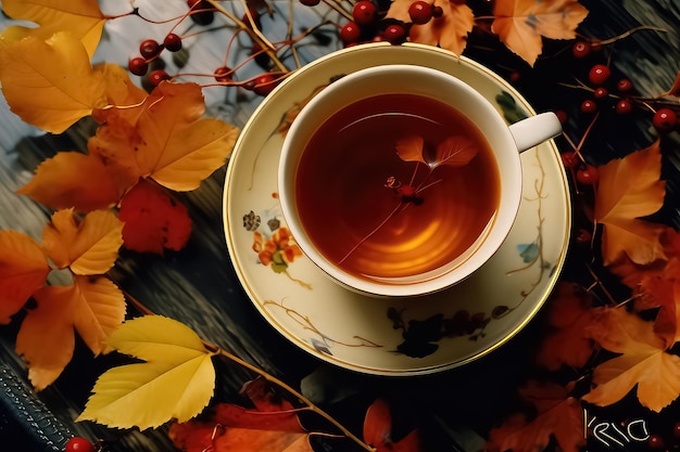 Thé avec du miel et des épices sur des feuilles d'automne concept de carte postale