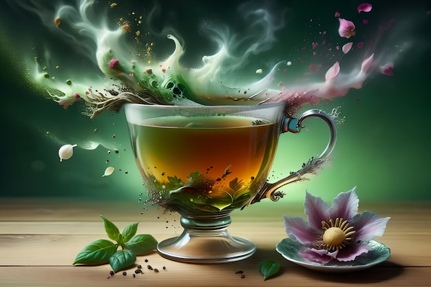 thé à fleurs à base de plantes dans une tasse en verre avec des fleurs