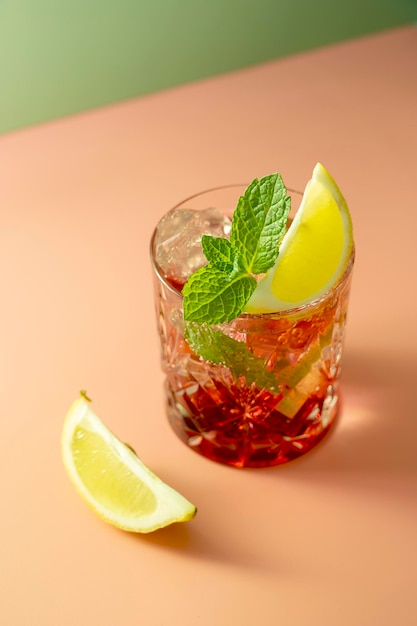 Thé glacé aux fruits ou boisson froide aux baies en verre avec des feuilles de menthe fraîche Boisson d'été rafraîchissante Fond rose et vert coloré