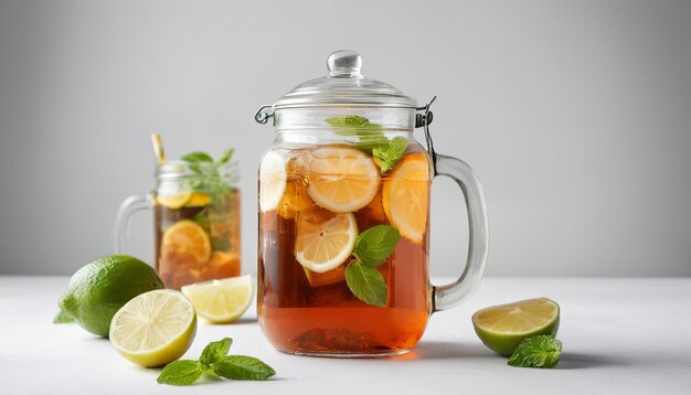 Thé glacé dans un pot en verre servi avec des citrons citrons et de la menthe sur un fond de texture blanche