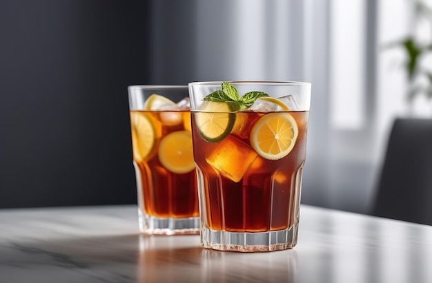 Un thé glacé dans un verre avec de la glace et du citron.