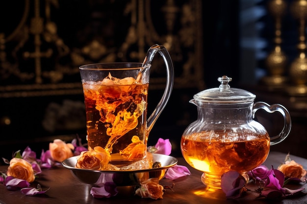 Un thé glacé fait dans une théière en verre avec un thé à fleurs en fleurs