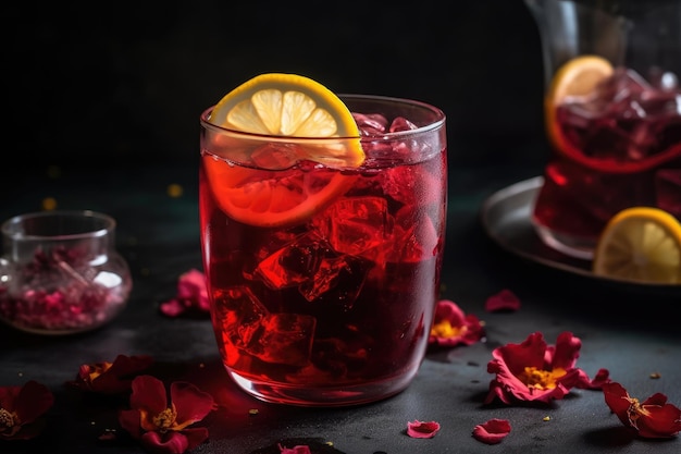 Thé glacé à l'hibiscus avec un quartier de citron IA générative