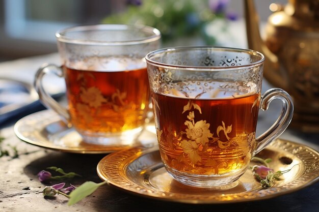 Un thé glacé servi dans des tasses de thé vintage sur de délicates soucoupes