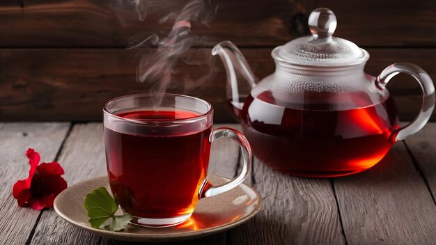 Un thé d'hibiscus chaud dans une tasse en verre et une théière en verre