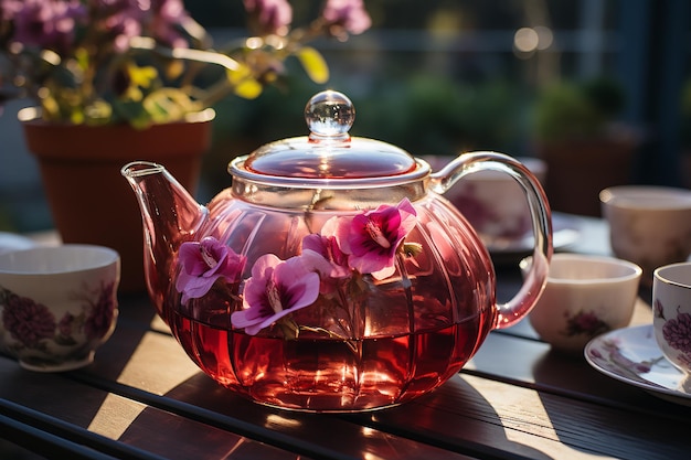 Thé à l'hibiscus sur le porche avec vue panoramique