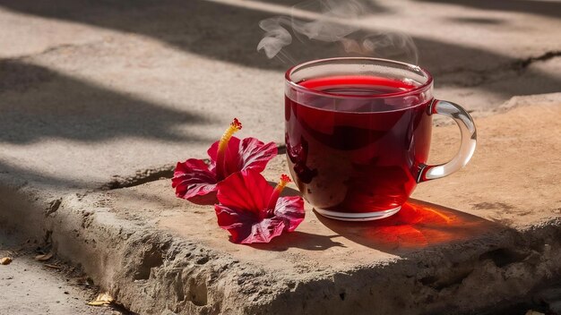 Thé d'hibiscus rouge chaud dans une tasse en verre sur béton avec des pétales d'hibiscous secs