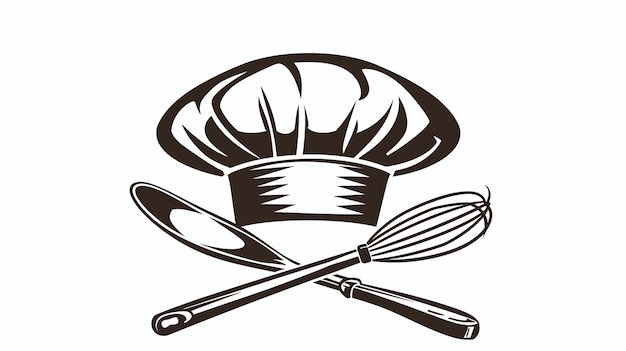 Photo the image is a black and white drawing of a chefs hat with a crossed spoon and whisk