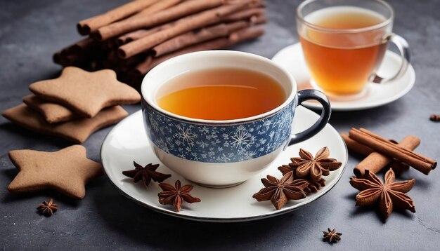 Thé Masala dans une tasse en céramique avec des épices d'hiver et des biscuits au pain d'épice