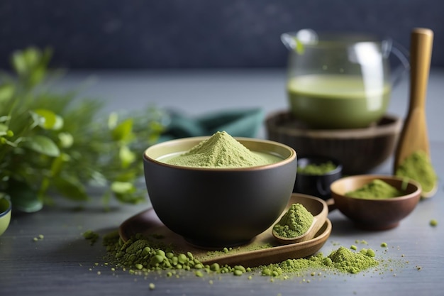 Thé matcha dans une tasse avec de la poudre