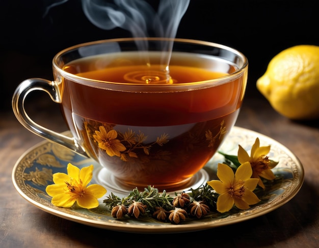 Un thé noir chaud à la vapeur avec des fleurs, des herbes et du citron sur une table en bois rustique.