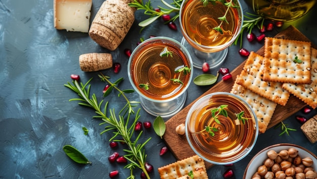 Thé noir avec des graines de grenade, des herbes et des biscuits sur fond de pierre bleue