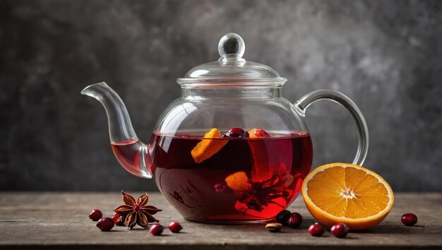 Thé avec orange de cannelle et épices dans une théière en verre sur la table IA générative