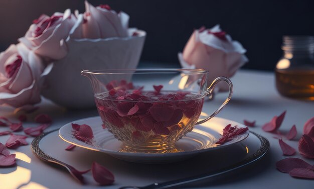 Un thé avec des pétales de rose sur la table.