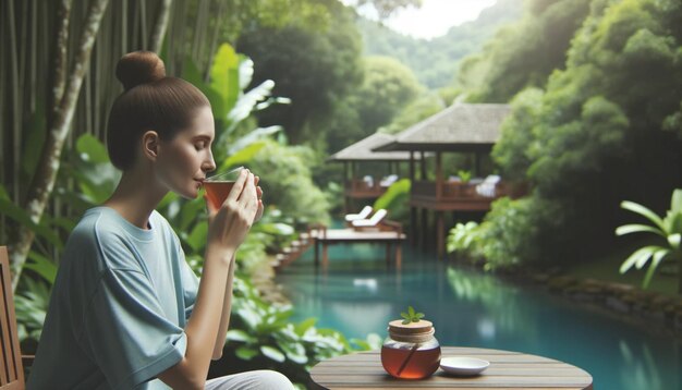 Le thé de relaxation dans la nature La fille boit du thé Méditation