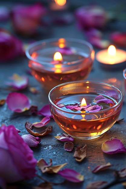 Un thé romantique avec des pétales de roses et des bougies chaudes.