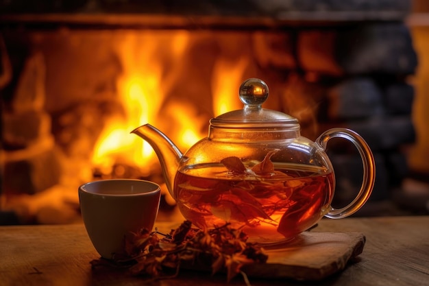 Thé Rooibos infusé dans une théière en verre à la lueur chaleureuse d'un feu de camp créé avec une IA générative