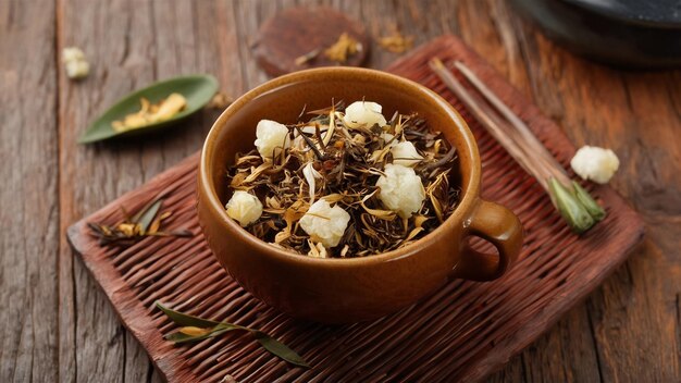 Photo un thé sec chaud de bael dans une tasse de herbes thaïlandaises