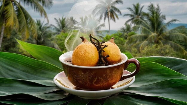 Photo un thé sec chaud de bael dans une tasse de herbes thaïlandaises