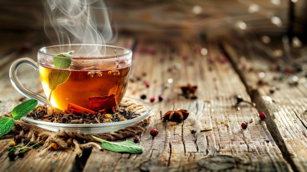 Un thé à la vapeur avec des feuilles lâches sur une table rustique