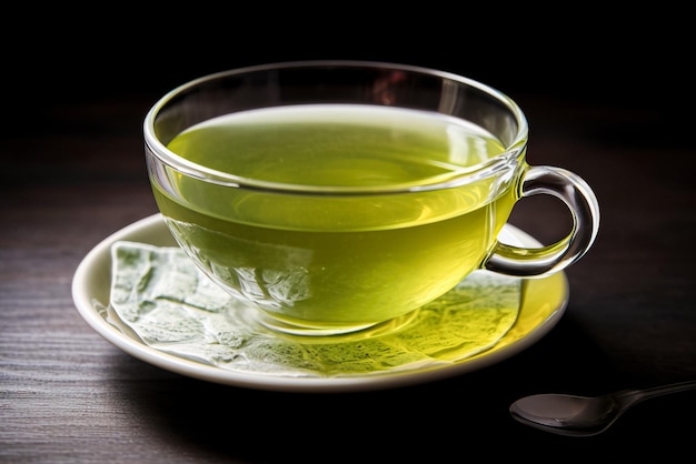 Thé vert dans une tasse en verre sur une table en bois Fond noir AI générative