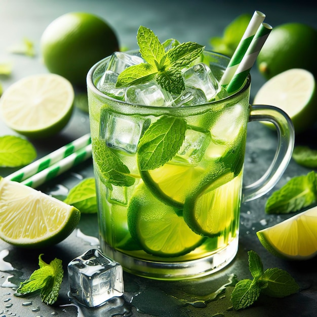 Thé vert glacé au citron vert et menthe fraîche