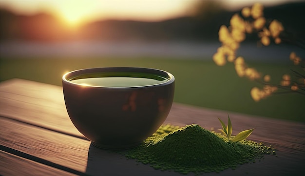 Thé vert matcha dans une tasse sur une table en bois avec des poudres et des fleurs finement moulues AI générative