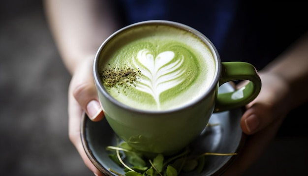 Le thé vert Matcha dans une tasse tenue par les mains