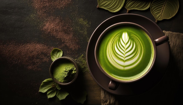 Thé vert matcha avec de la mousse d'art latte dans une tasse avec de la poudre sur une table en bois foncé art latte AI générative