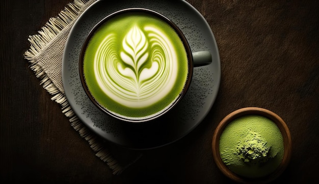 Thé vert matcha avec de la mousse d'art latte dans une tasse avec de la poudre sur une table en bois foncé art latte AI générative