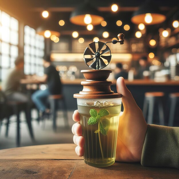 Thé vert avec un verre en plastique à la main avec un café ou un café flou en arrière-plan