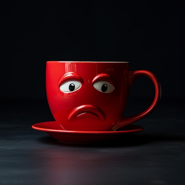 thé avec un visage triste sur une grande tasse rouge