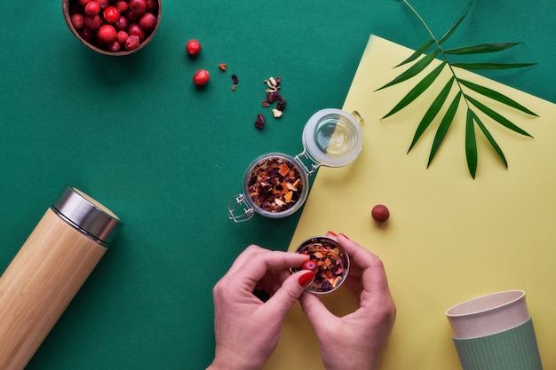 Thé zéro déchet dans un flacon de voyage. Faire une infusion à base de plantes dans une fiole de bambou isolée écologique avec un mélange à base de plantes et de canneberges fraîches. Plat à la mode avec des mains, du papier deux tons vert et jaune.