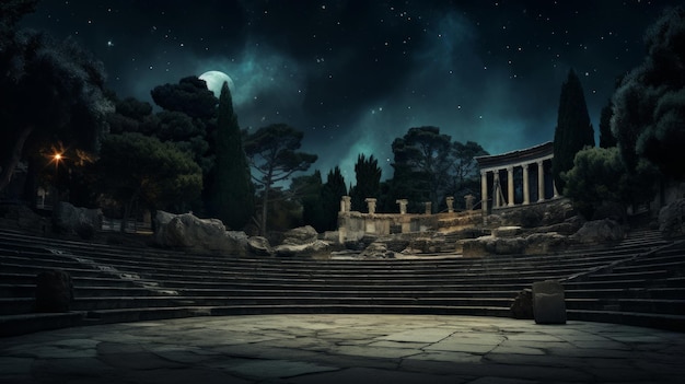 Le théâtre grec se transforme en observatoire. Les corps célestes guident le jeu.