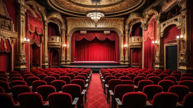 Théâtre victorien sièges en velours rouge bois orné vitraux