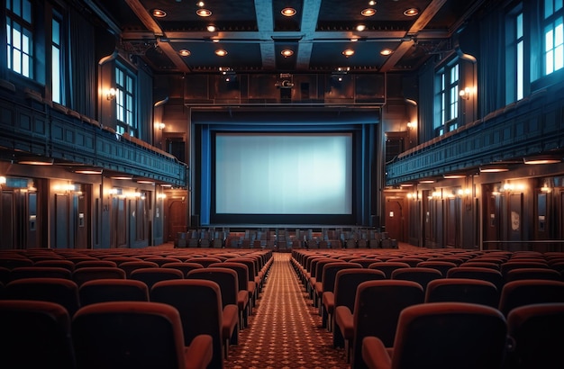 un théâtre vide avec un écran et des chaises