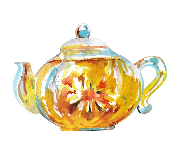 Théière aquarelle Bouilloire jaune pour thé ou café Vieux ustensiles de cuisine