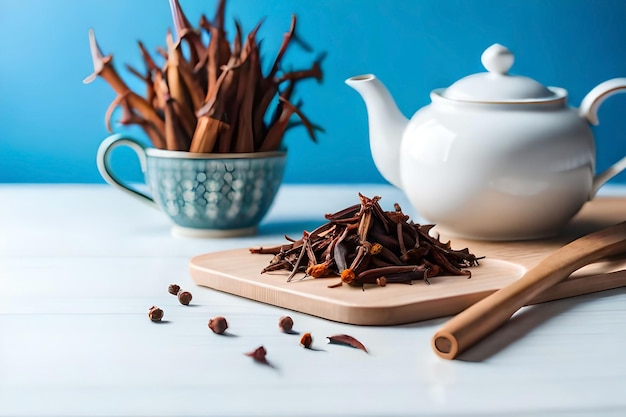 Une théière avec des bâtons de cannelle à côté d'une tasse de thé.