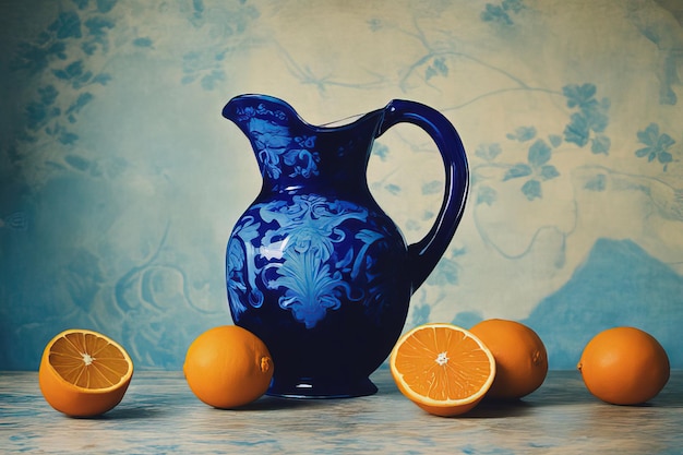 théière bleue avec citron et oranges sur la table